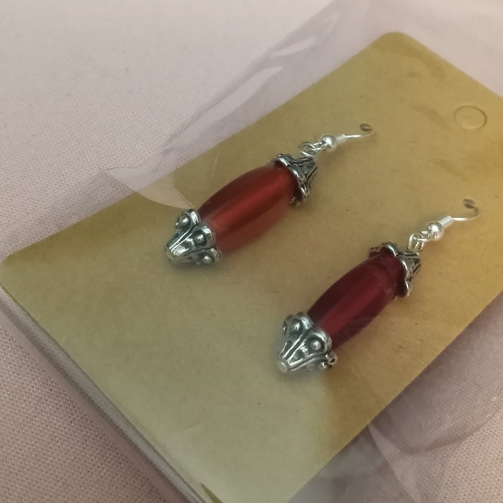 Hand Crafted silver plated red blown glass statement drop Earrings